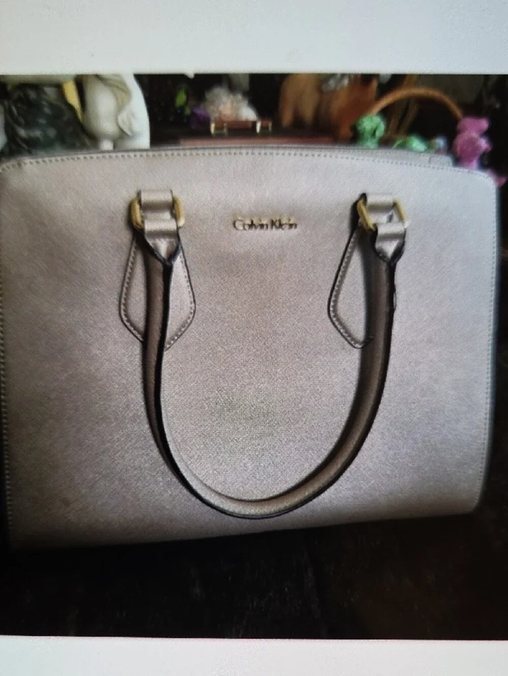 Calvin Klein Neutral Taupe Saffiano Satchel